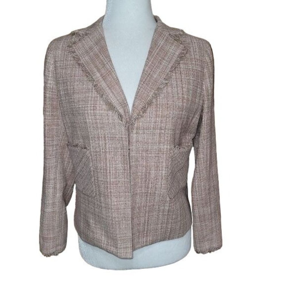 BCBG MaxAzria Women's Size Medium Tweed Fringed Silk Blazer Pink Tan Lined